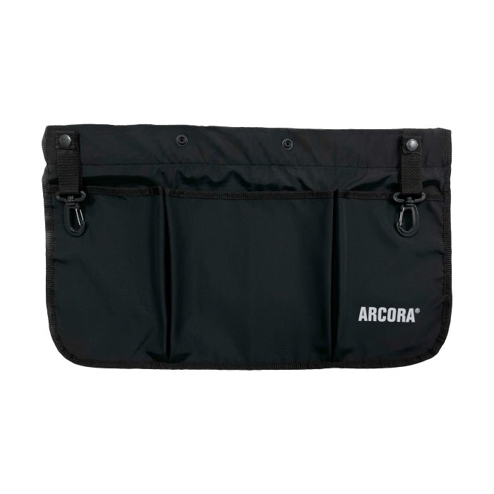 The Arcora Multi Tool Belt Hip Work Bag With Belt Black from Arcora International GmbH is a black fabric bag with three front pockets, two adjustable top buckle straps, and the print "ARCORA" in white at the bottom right.