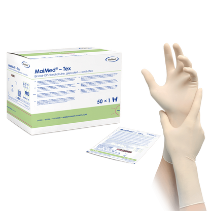 MaiMed-Tex sterile, lightly powdered latex surgical gloves 50 pairs/box