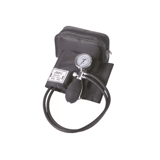 The Med Comfort Upper Arm Aneroid Blood Pressure Monitor with a 2-tube system from AMPri Handelsgesellschaft mbH is a black, manual blood pressure monitor that includes a cuff, an aneroid gauge, an inflation bulb, and a black carrying case. The 2-tube system ensures accurate readings in mmHg, making it ideal for precise manual blood pressure measurements.