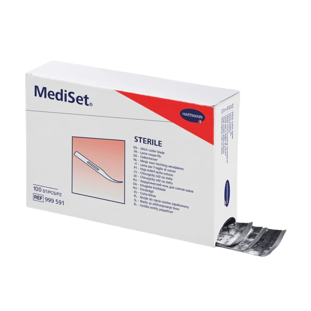 A white Hartmann box with a red stripe and the label "Sterile" contains 100 sterile blades, some of which protrude. Several languages are visible. Brand: Paul Hartmann AG.