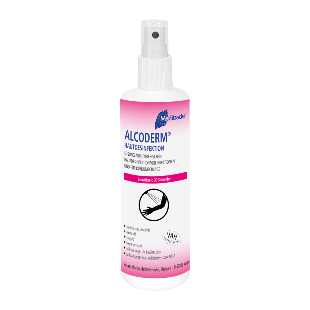 A white 250 ml spray bottle with the discontinued item from Meditrade GmbH: Alcoderm® skin disinfection with a pink label and white cap, with German instructions for skin disinfection before injection.