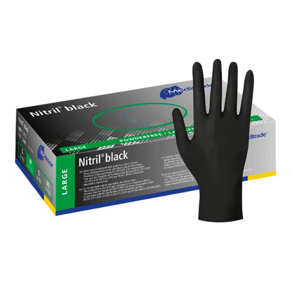 A box of large black Meditrade Nitril® disposable gloves, with a black glove standing upright in front of the box. The packaging is mainly blue and green.
