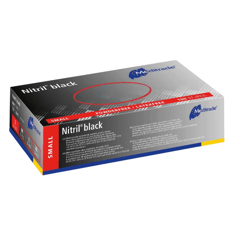 A box of disposable gloves Meditrade Nitril® black nitrile gloves in black, size S. The box is predominantly black and blue with text indicating that the gloves are powder-free and latex-free. The content is Meditrade GmbH.