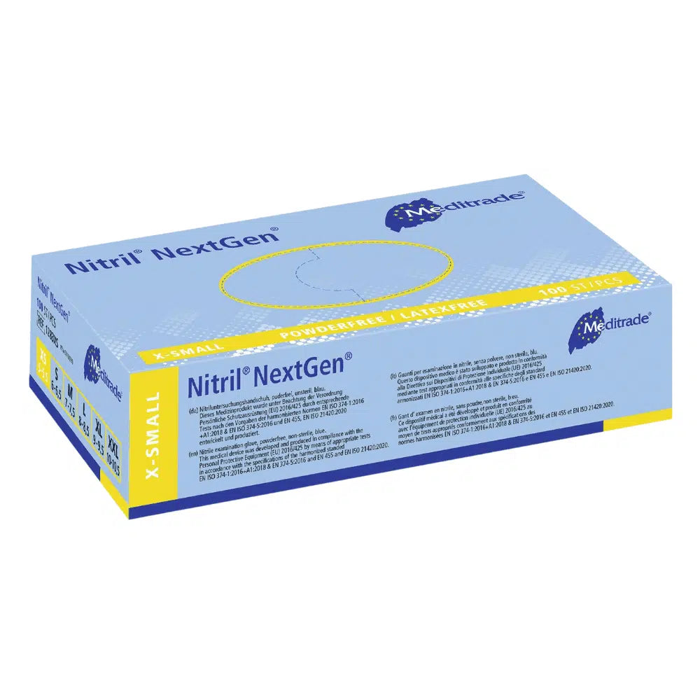 A box of Meditrade Nitrile Gloves NextGen® extra small disposable gloves from Meditrade GmbH. The packaging is mainly blue and yellow with text and logos.