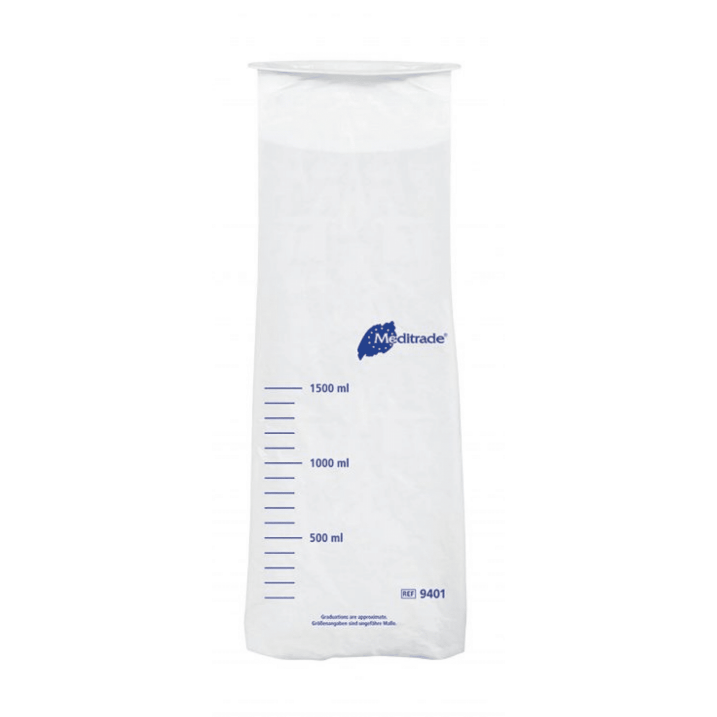 A transparent, graduated plastic measure made of polyethylene with blue measurement markings and a blue 'Meditrade GmbH' logo, showing volume capacities from 500 ml to 1500 ml.