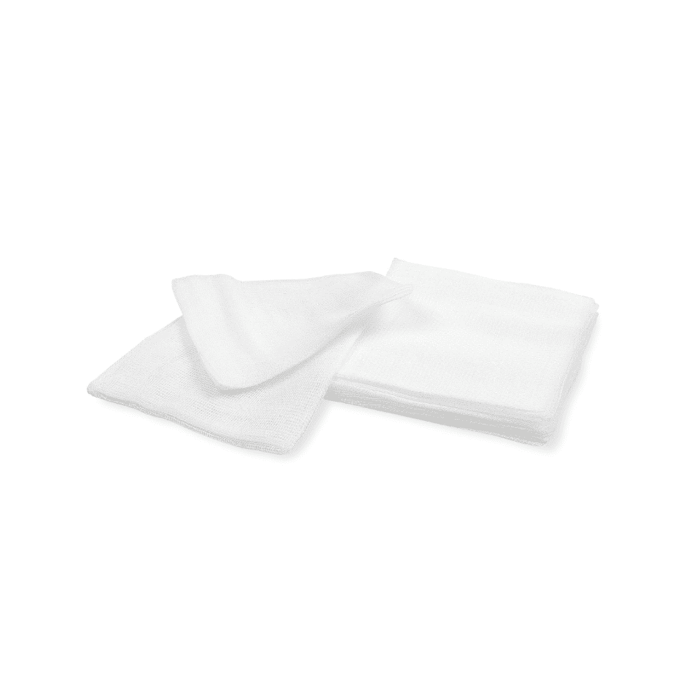 Two white sterile Meditrade BeeSana® gauze compresses, single sterile, 12-ply, neatly folded and stacked on a plain white background.