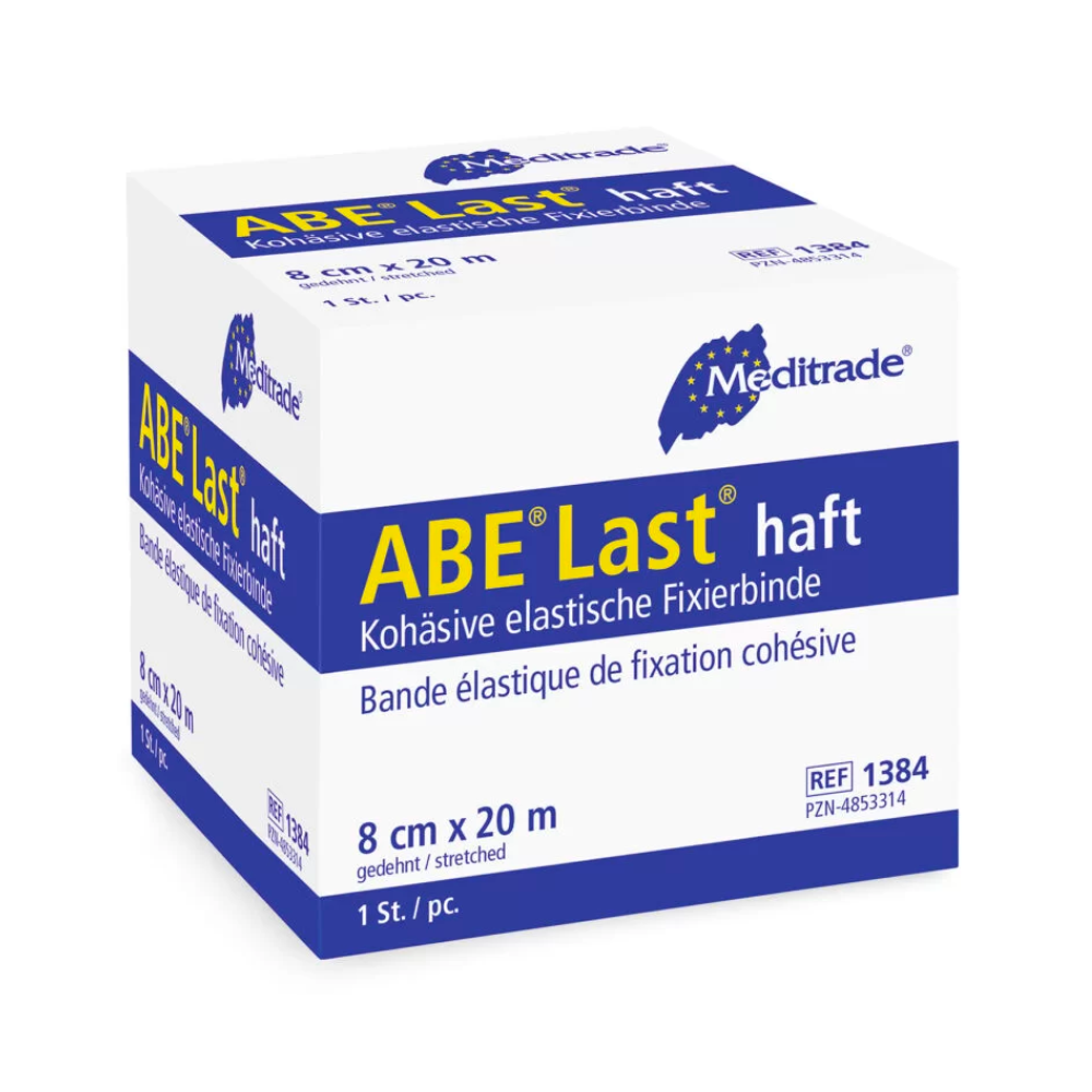 A box of Meditrade ABE® Last® adhesive fixation bandage from Meditrade GmbH in the size 8 cm x 20 m. The packaging is white and blue with text in German, including product details.