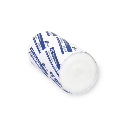 A wheel of traditional white goat cheese, wrapped in a blue-and-white bandage bearing the brand name Meditrade ABE®, isolated against a white background. The exposed end of the cheese reveals its creamy texture.