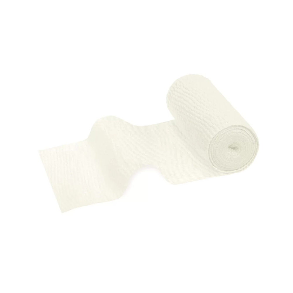 A white, textured roll of Meditrade ABE® universal bandage 8 cm x 5 m | Pack (10 pieces) from Meditrade GmbH is partially unrolled on a white background. The unrolled part arches outward in a wavy manner and shows its medium compression.