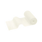 A white, textured roll of Meditrade ABE® universal bandage 8 cm x 5 m | Pack (10 pieces) from Meditrade GmbH is partially unrolled on a white background. The unrolled part arches outward in a wavy manner and shows its medium compression.