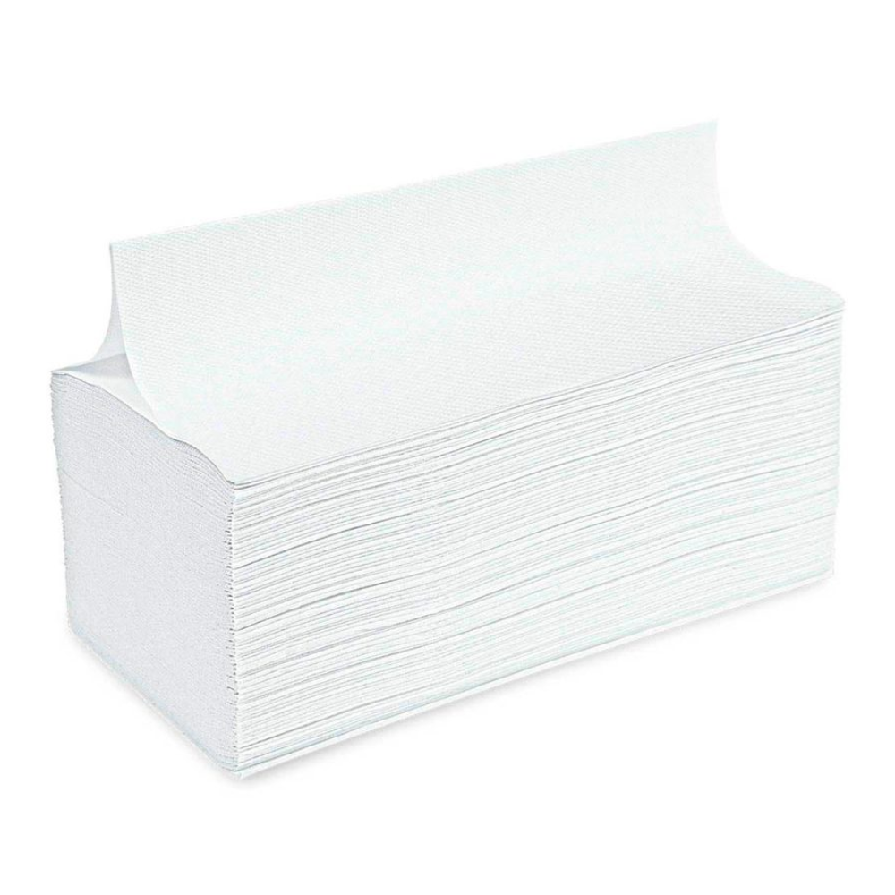 A stack of Meditrade Folded Towels V-Fold 25x21cm 2-ply, white from Meditrade GmbH is displayed. The rectangular towels consist of two layers, giving them a thick and absorbent appearance. Their edges are neatly aligned, indicating that they are new and unused. Ideal for hand hygiene, the background is plain and white.