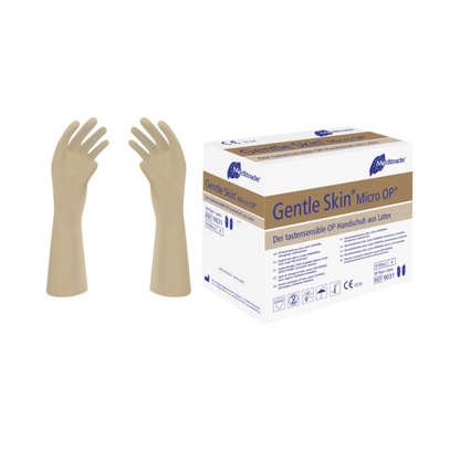 Image of a box of Meditrade Gentle Skin® Micro OP®, latex surgical gloves from Meditrade GmbH next to a pair of gloves. The packaging contains text in German and various symbols. The beige surgical gloves are shown with the palm facing outward, displaying their micro-textured surface.