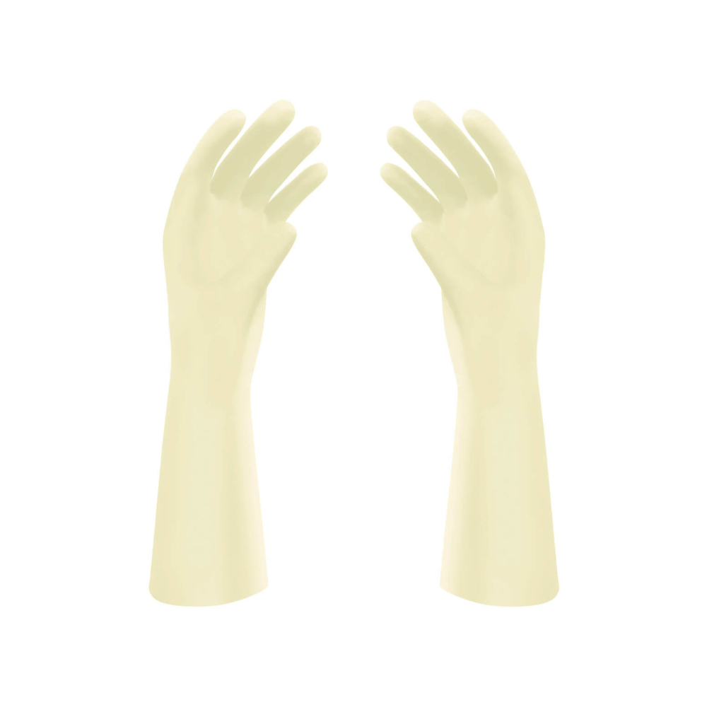A pair of Meditrade Gentle Skin® Superior OP™ latex surgical gloves, extending to the forearm, isolated on a white background. The gloves are lightly powdered and oriented with the palms facing inward.