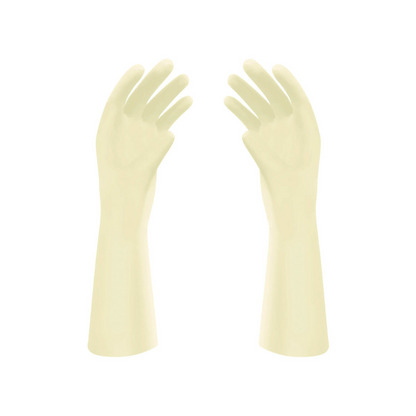 A pair of Meditrade Gentle Skin® Superior OP™ latex surgical gloves, extending to the forearm, isolated on a white background. The gloves are lightly powdered and oriented with the palms facing inward.
