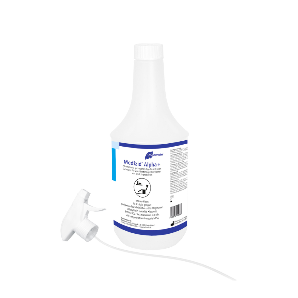 A bottle of “Meditrade Medizid® Alpha+ Surface Disinfectant” with a white label displaying product details and a barcode. A cap and an additional spray nozzle are on the bottle.