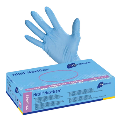 A blue nitrile glove is depicted over a box labeled "Meditrade Nitrile Gloves NextGen®", provided by Meditrade GmbH. The XXL box contains 100 gloves, each of which is powder-free and latex-free.