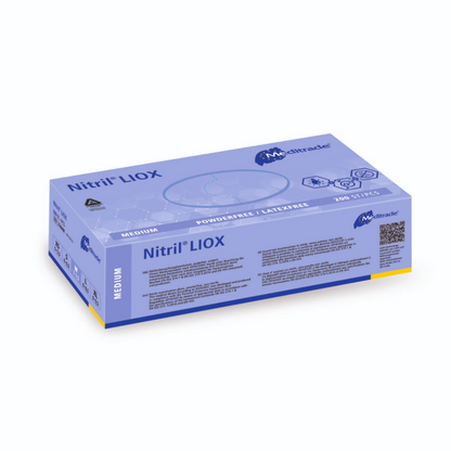 A 3D rendering of a medium-sized blue box containing powder-free nitrile gloves of the type “Meditrade Nitril® LIOX examination gloves” from Meditrade GmbH.
