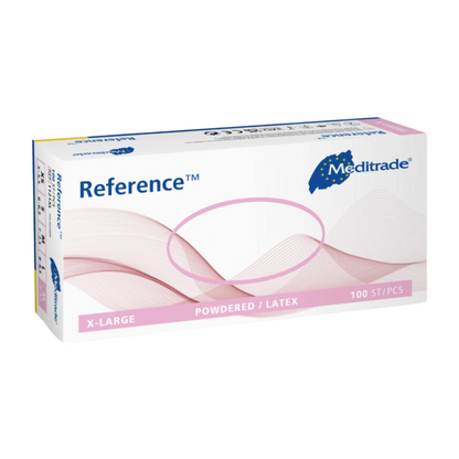 A box of Meditrade Reference™ latex examination gloves in size XL with 100 pieces, predominantly white and pink packaging with blue accents.