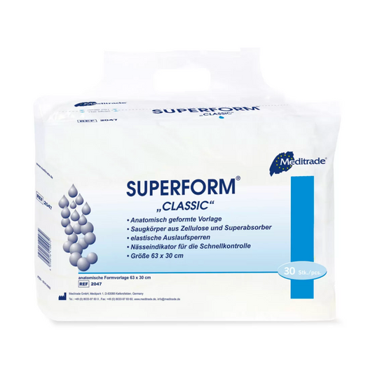 Pictured is a pack of anatomical inserts Superform® Classic, incontinence pad | Pack (30 pieces) by Meditrade GmbH. The white-blue packaging shows product details, including absorbency properties, fluid absorption, cellulose and superabsorbent materials, as well as size (63 x 30 cm). The pack contains 30 inserts.