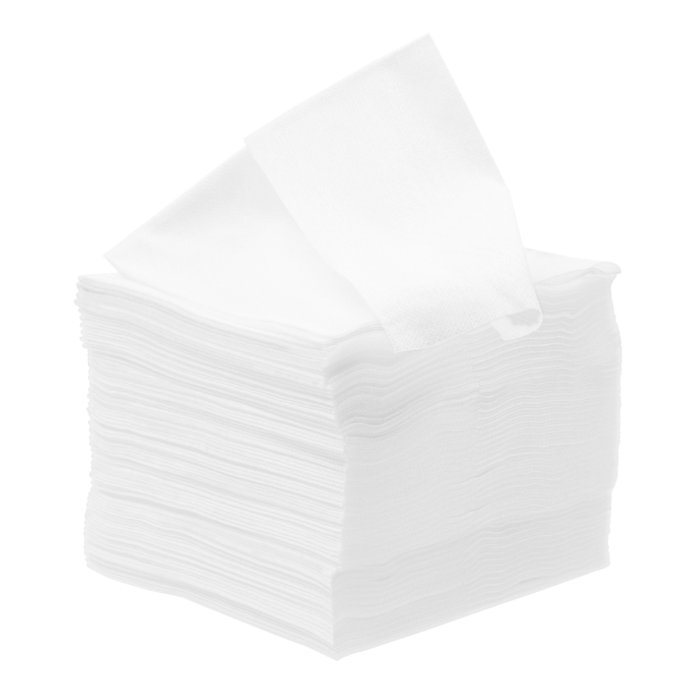 A stack of neatly folded white napkins from Meditrade GmbH, one partially pulled out, isolated on a white background.
