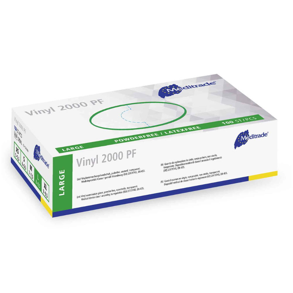 A box of Meditrade Vinyl 2000 PF disposable gloves made of vinyl, medical gloves from Meditrade GmbH, contains 100 powder-free and latex-free vinyl gloves, depicted on a white background.