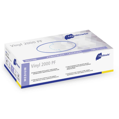 A box of medium-sized disposable gloves Meditrade Vinyl 2000 PF from Meditrade GmbH. The packaging is white with blue accents and text indicating that the gloves are powder-free and latex-free. Ideal for patients