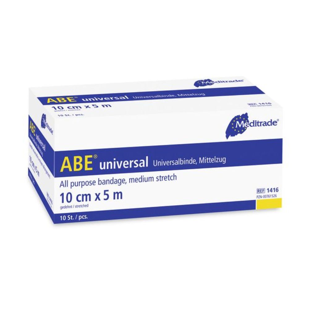 The Meditrade ABE® permanently elastic universal bandage non-sterile 10 cm x 5 m from Meditrade GmbH is packaged in a white box with blue lettering. It offers medium elasticity for medical use and features the Meditrade logo in the upper right corner. The package contains 10 pieces.