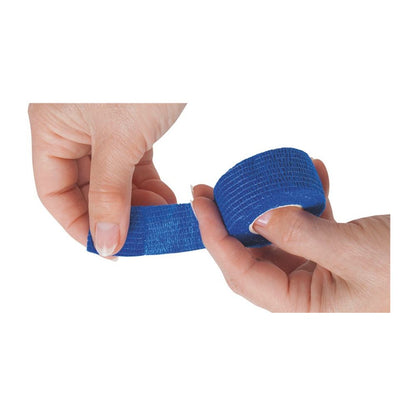 Two hands hold and unwind a roll of BeeSana© SafeCut finger bandage from Meditrade GmbH. This stretchable, textured bandage is ideal for wound protection against a plain white background.