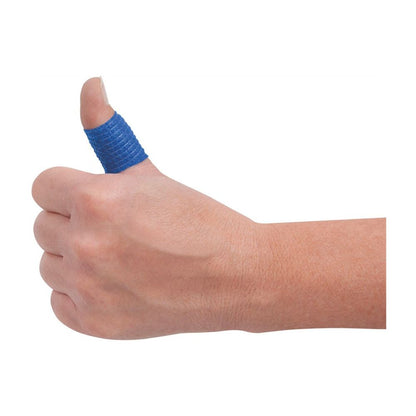 A thumbs up with a blue BeeSana© SafeCut finger bandage from Meditrade GmbH showcases its protection against a plain white background.