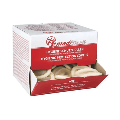 A box with the brand "Servoprax GmbH" and the label "Mediware Ultrasound Protective Covers without Lubricant – ø 32 mm | Package (144 pieces)" contains protective covers for ultrasound probes, specifically designed for rectal and vaginal probes with a diameter of 32 mm. In the opened box, several non-sterile latex ultrasound probe covers with labels in German and English can be found.