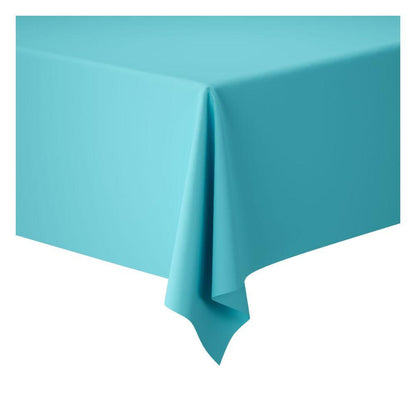 A rectangular table is covered with a light turquoise tablecloth from Duni GmbH (Dunicel tablecloth rolls, 1.18 m x 25 m), neatly draped for flexible table decoration – perfect for large events and presented against a plain white background.
