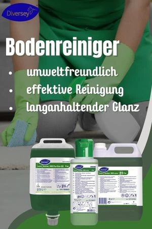 Werbung für Diversey Bodenreiniger in umweltfreundlicher Verpackung. Das Produkt verspricht effektive Reinigung und langanhaltenden Glanz. Zu sehen sind verschiedene Größen des Bodenreinigers.