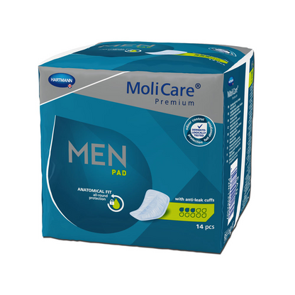 A box of Hartmann MoliCare® Premium MEN PAD insert - 14 pieces, with anatomical fit and leak-proof cuffs. The packaging is predominantly blue and contains product information and images.