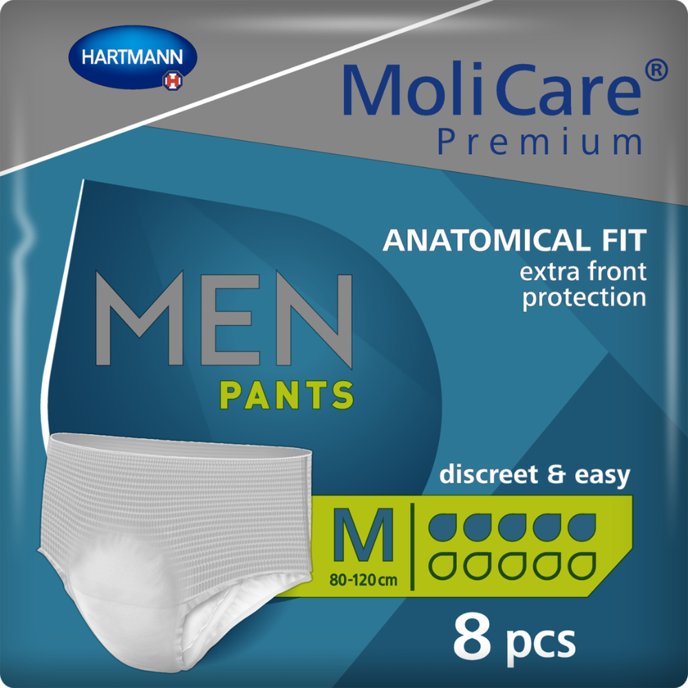 Packaging of the MoliCare Premium MEN PANTS 5 Drops, size Medium, by Paul Hartmann AG, shows a pack with 8 white disposable underpants with blue and yellow design elements. Highlights include features like anatomical fit and additional front protection for light bladder weakness.