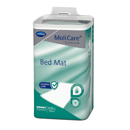 A pack of MoliCare® Premium Bed Mat bed protection pad 5 drops from Paul Hartmann AG, which stands for hygienic care and bed protection and contains 25 pieces. The package is predominantly green and white and has a handle on the top.