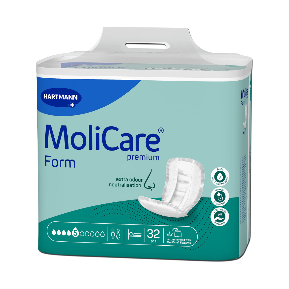 A package of Hartmann MoliCare® Premium Form incontinence pads from Paul Hartmann AG, consisting of 32 pieces with extra odor neutralization. The package is blue-green and displays product features and environmental labels.