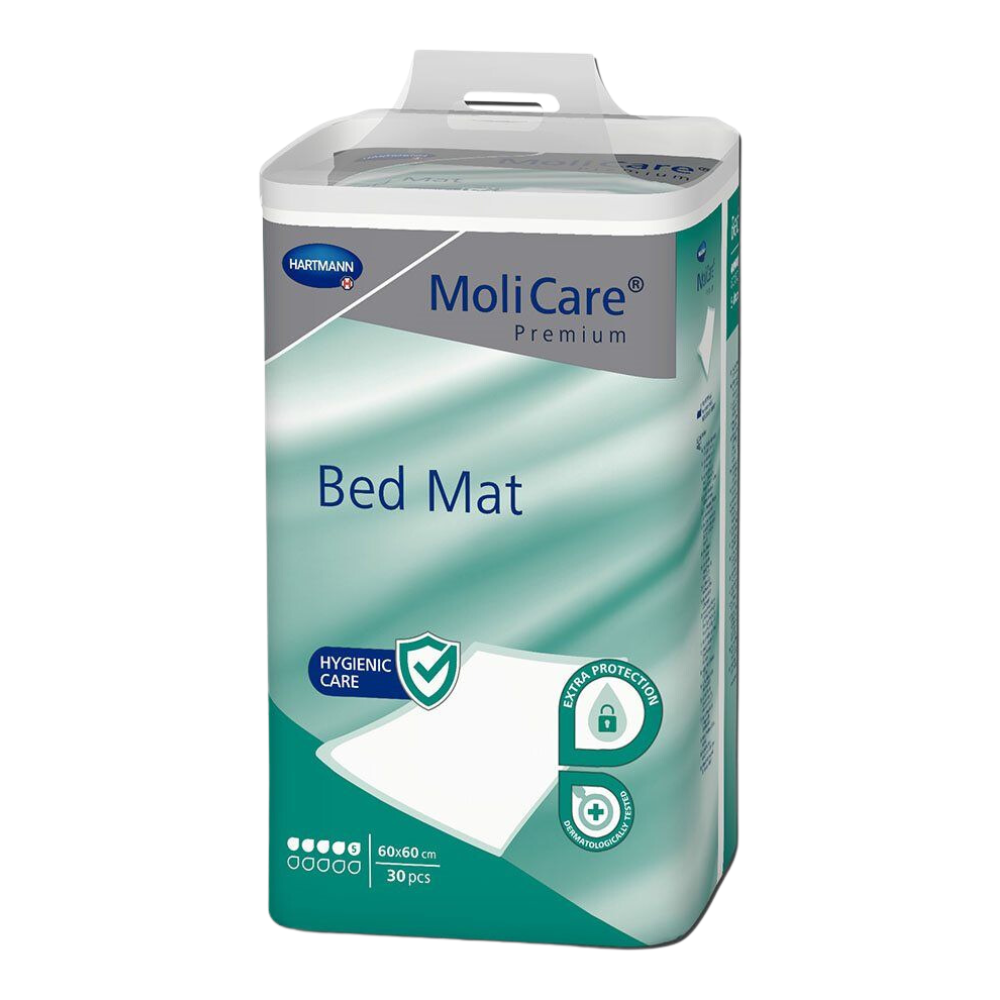 A pack of MoliCare® Premium Bed Mat bed protection pad 5 drops from Paul Hartmann AG. The box is green and white, bears the product name and the note that it contains 30 pieces, thus emphasizing hygienic care and bed protection.