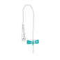 The Sarstedt Safety-Multifly® needle from Servoprax GmbH is a medical butterfly needle for intravenous access and blood collection. It features a short transparent tube with blue-green wing grips and is connected at the end of the 200 mm long tube with a white plastic connector for increased safety.