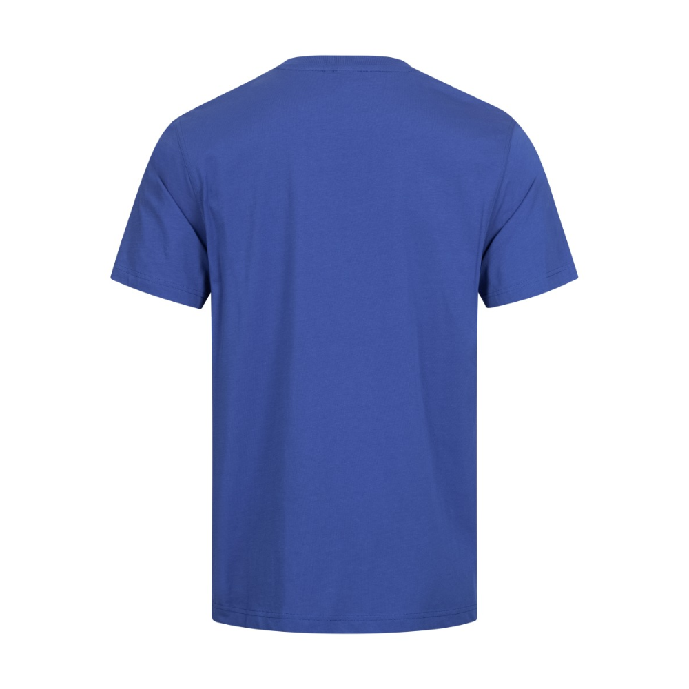 The image shows the back view of a NITRAS MOTION TEX LIGHT T-shirt by AS Arbeitsschutz GmbH in plain blue. It is made of OEKO-TEX certified cotton, has a round neckline and short sleeves, and is seen on a bright white background.