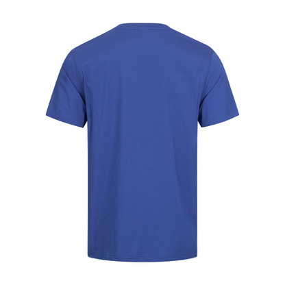 The image shows the back view of a NITRAS MOTION TEX LIGHT T-shirt by AS Arbeitsschutz GmbH in plain blue. It is made of OEKO-TEX certified cotton, has a round neckline and short sleeves, and is seen on a bright white background.