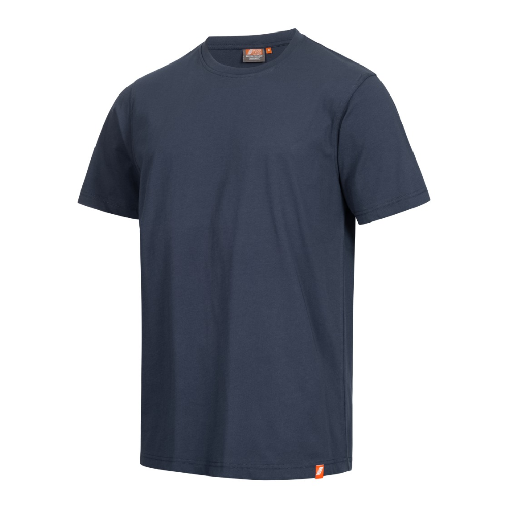 The NITRAS MOTION TEX LIGHT T-shirt by AS Arbeitsschutz GmbH is a simple, navy blue short-sleeved top made of soft cotton with a round neckline. It is OEKO-TEX certified and features a small orange label at the lower left hem for added style and comfort. The product is displayed against a white background.