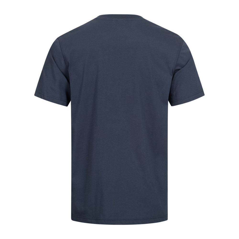The AS Arbeitsschutz GmbH NITRAS MOTION TEX LIGHT T-shirt in dark blue made of OEKO-TEX certified cotton is depicted on a white background. The back view emphasizes its minimalist design with short sleeves and a round neckline.