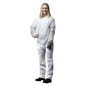 A person in a NITRAS PP coverall from MCD MEDICAL CARE DENTAL GmbH with a zipper cover stands with one hand on their hip and wears black shoes in front of a white background.