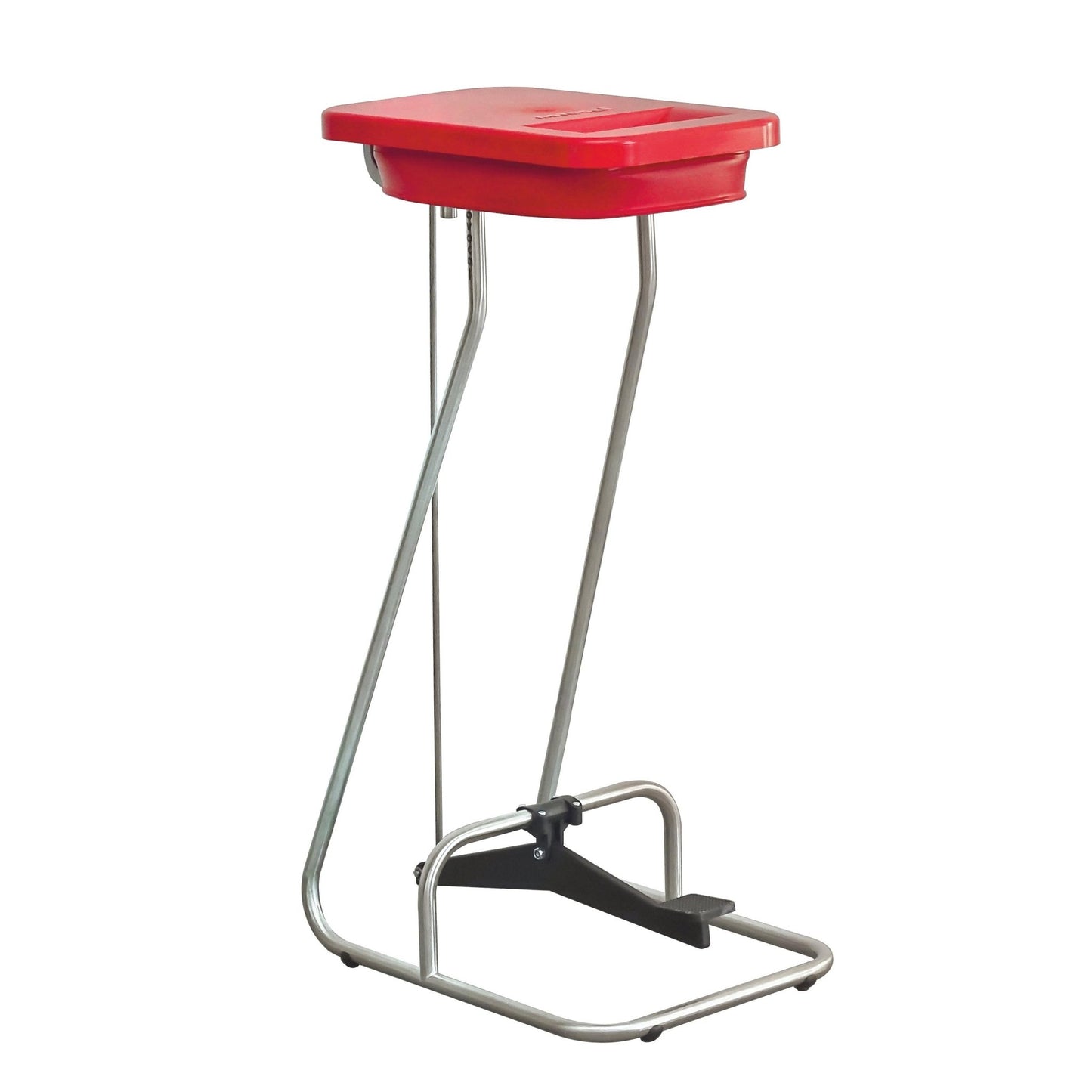 The Novocal stainless steel stand collector single collector features a polished stainless steel frame, a red rectangular lid, and a foot pedal for hands-free disposal of sanitary waste. Brand: Novocal. Package: 1 piece.