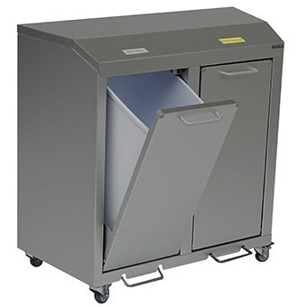 The Novocal recycling cabinet Series 3000 double collector is an aluminum cabinet on wheels, with a compartment that opens forward at an angle and a removable container for waste separation as well as a closed right compartment. Brand: Novocal.
