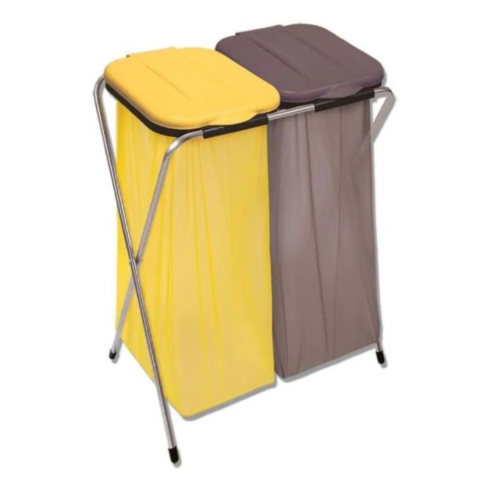 The Nölle Profi Brush waste collector trash bag stand is a stand with two compartments and sturdy metal legs for stability. Thanks to its foldable design, it is easy to store. One side is yellow with a matching lid, the other gray, also with a matching lid.
