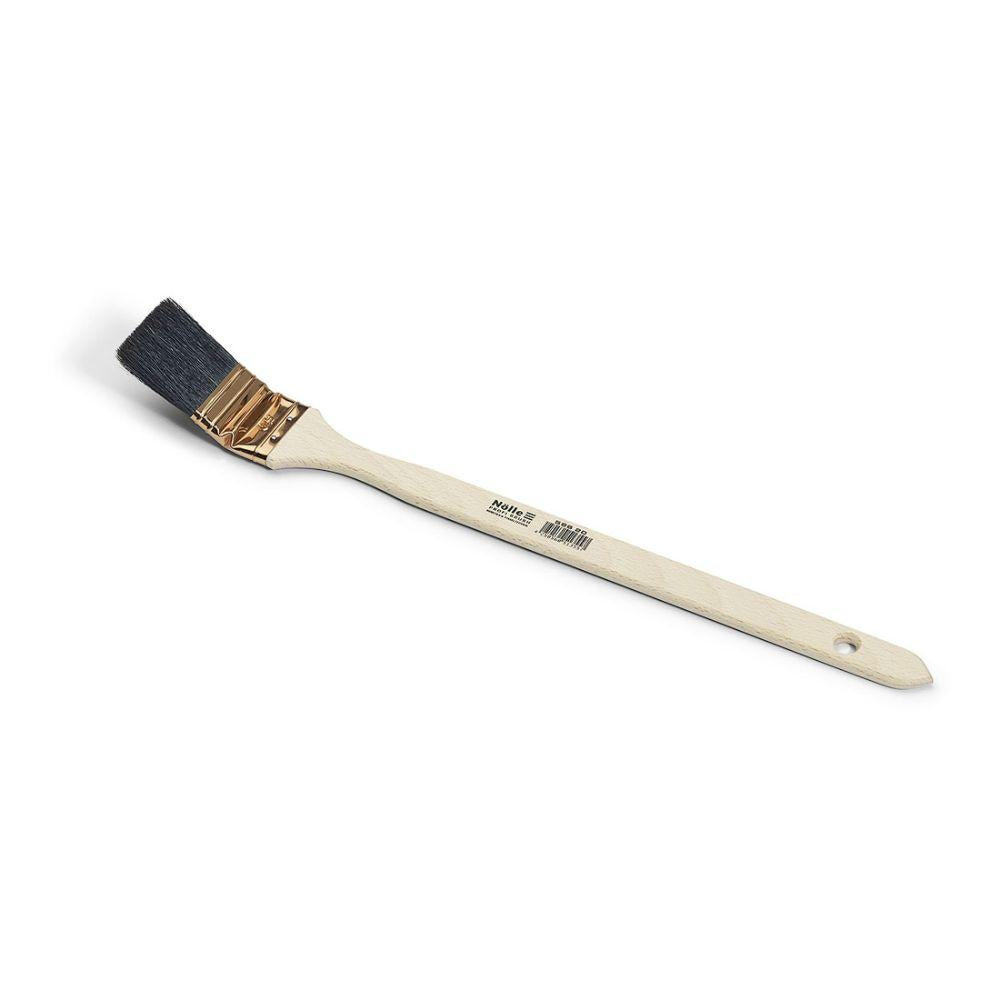 The Nölle Profi Brush painter's radiator brush features durable black China bristles, a long handle with a hanging hole, and a label near the bristles.