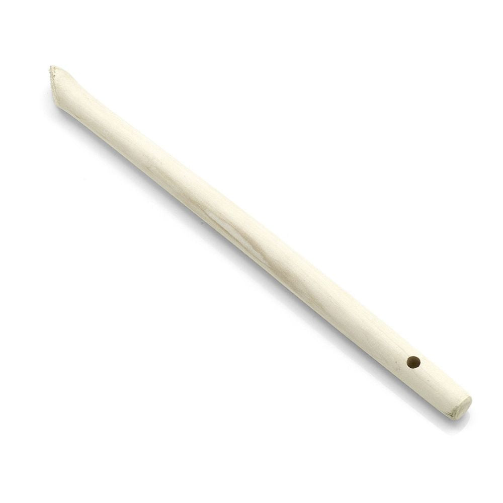 The white plastic kazoo, like the Nölle Profi Brush angled brush handle, has a narrow, elongated shape. It features a round mouthpiece at one end and an open end with a small hole on the side.