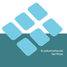A set of six light blue rectangular Beurer EM 55 Menstrual Relax+ Gel-Pads from Beurer GmbH is arranged in a grid pattern on a greenish-gray two-tone background. The text in the lower right corner reads "6 self-adhesive gel pads".