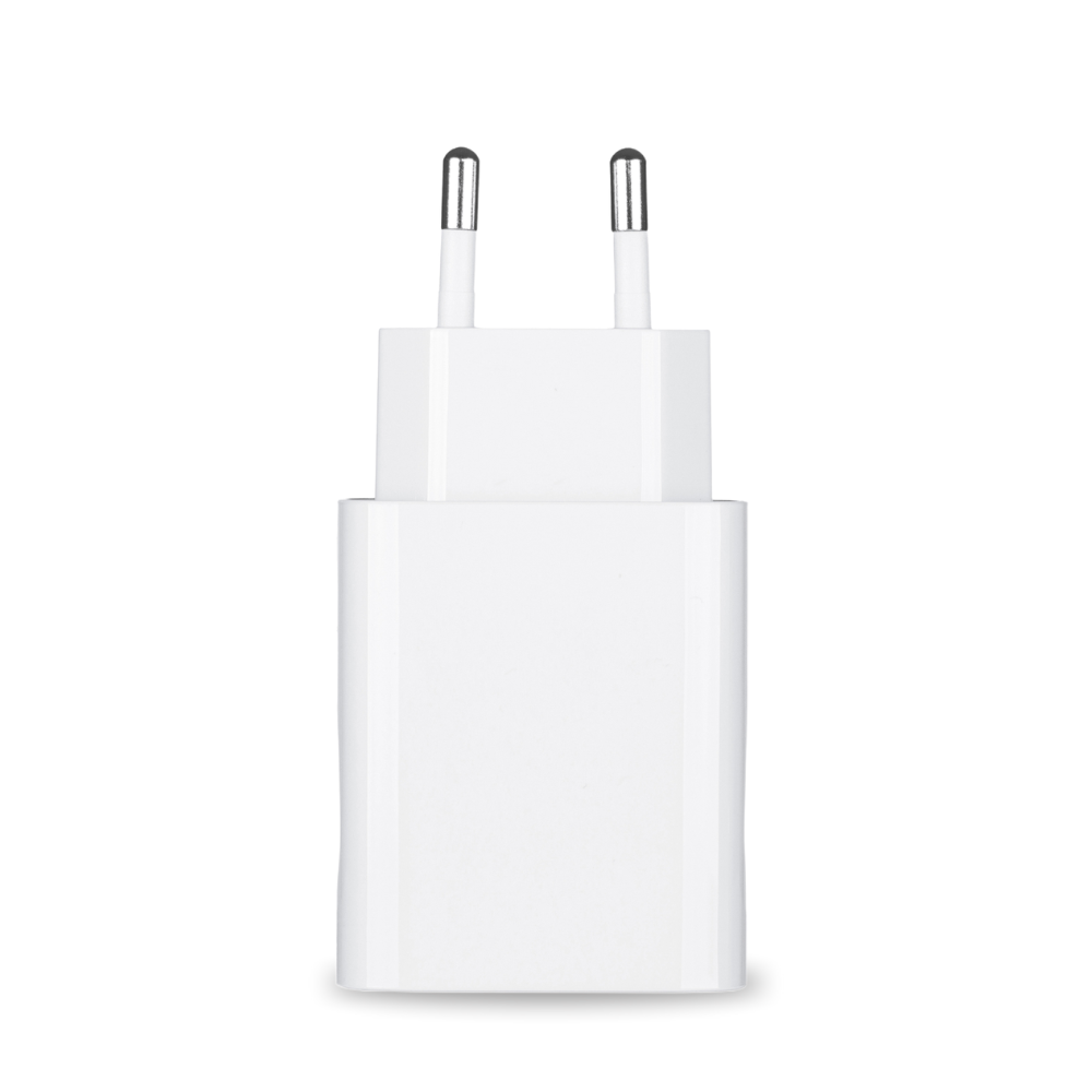 The power supply and the power supply protective case for the Pluslife Mini Dock are an elegant European plug adapter in white with two metal pins, which is ideal for operating electronic devices. It is presented upright against a plain white background, highlighting its elegant and minimalist design.